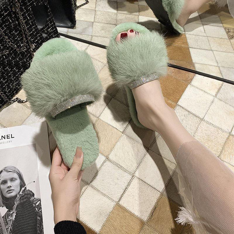 Slippers Ladies Glitter Crystal Flats Hairy Slipper Home Shoes Winter Cozy Open Toe Flock Slides Brief Candy Colors Furry For Women