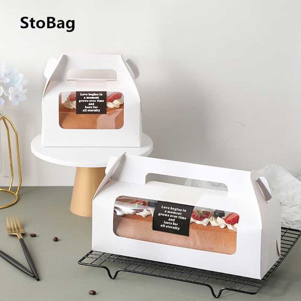 StoBag 10pcs Handle Cake Packing Boxes Towel Roll Swiss Roll Birthday Party Farvor Handmake Gift With Transparent Window 210602