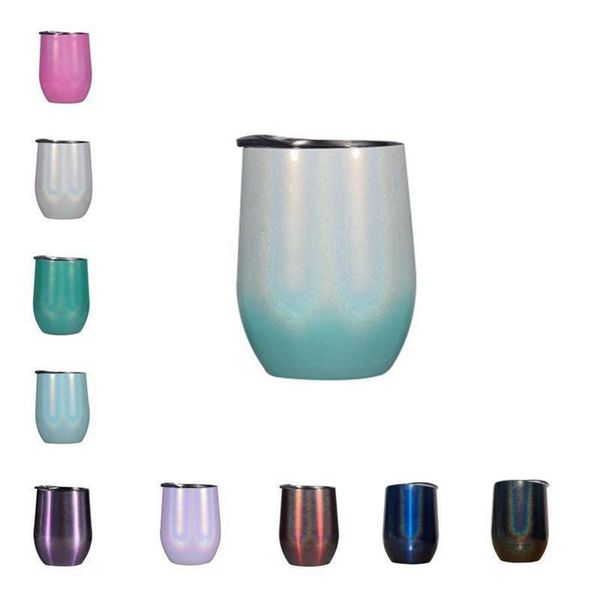 10 Colors 12oz Glitter Wine Tumbler with Lids Straws Stainless Steel Rainbow Egg Shaped Mugs Double Layer Vacuum Mug 2021 New