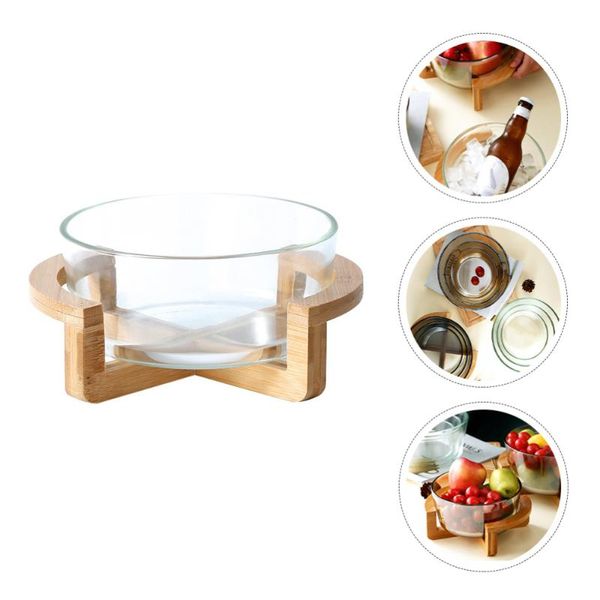 Bowls 1 Set Glass Salad Bowl Heat Resistant With Wooden Base Serving