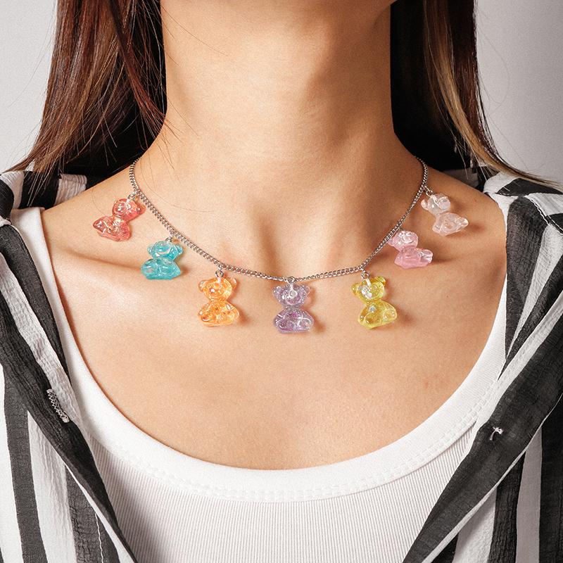 Chokers Cute Jelly Color Bears Necklaces For Women Resin Animals Pendants Gold Silver Chain Choker Necklace Jewelry Gifts