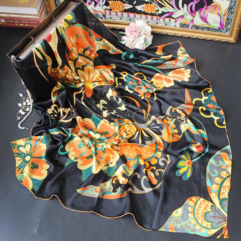 Scarves KMS Vintage Flowers Butterflies Mulberry-silk Silk Hand-rolled Plain Crepe Satin Large Square Scarf Shawl 110*110CM-60G