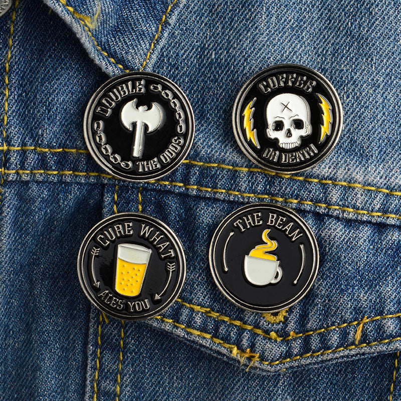 Round Letter Skull Cowboy Brooches Pins Coffee Beer Skeleton Collar Pin Women Men Enamel Alloy Circle Anti Light Buckle Badge Jewelry Wholesale