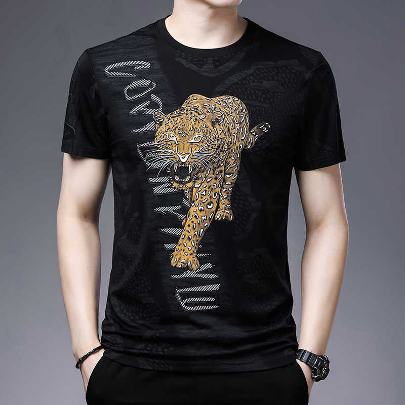 Men&#039;s short sleeve summer new ice T-shirt Tiger Print mercerized cotton T-shirt youth round neck half sleeve men&#039;s shirt