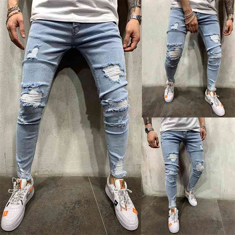2019 high street men&#039;s slim little foot scraped pants fashion youth hole jeans large