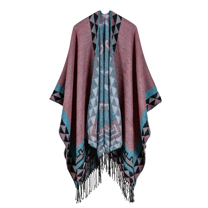 Scarves Winter Scarf Warm Poncho And Cape Women Taseel Cloak Printed Shawl Imitation Cashmere Pashmina National Wind Fork Wraps Mujer