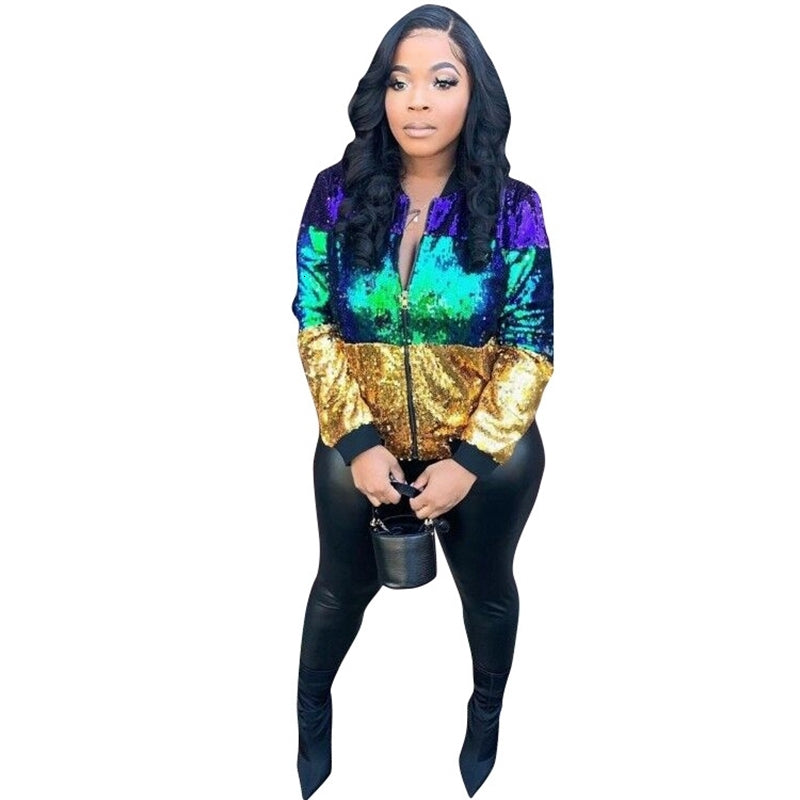Women&#039;s Jackets Multicolor Sequin Bomber Long Sleeve Sparkly Glitter Coats and Fashion Zipper Streetwear YSA9