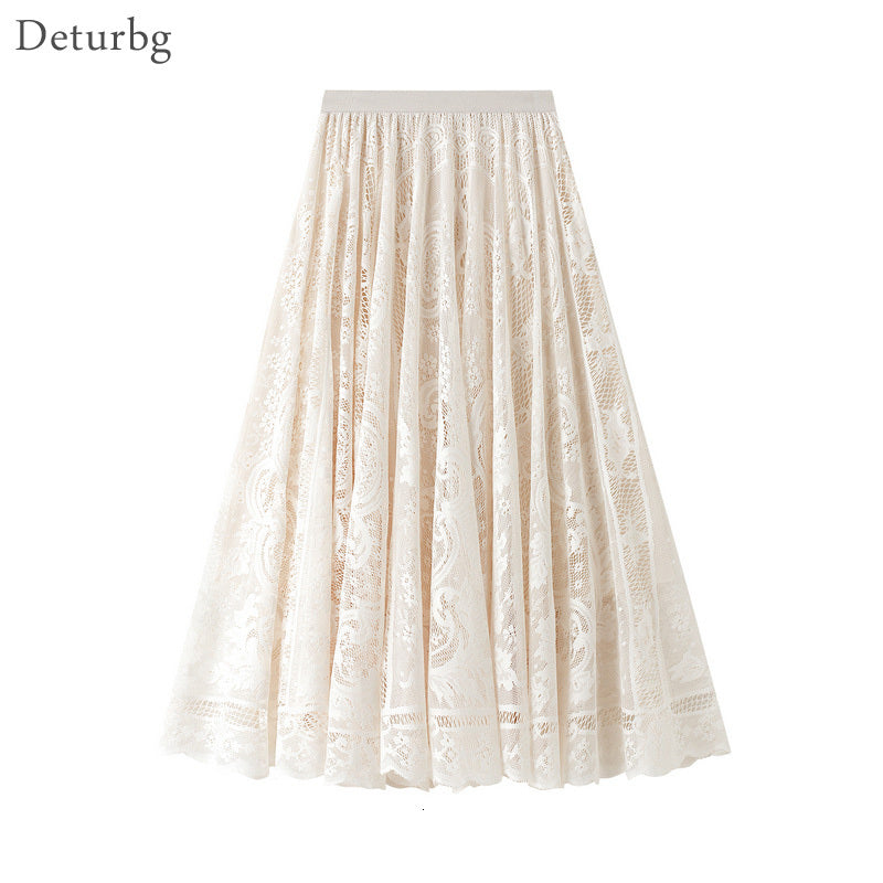 Casual Dresses Women&#039;s Elegant Lace Crochet Long Skirt Korean High Waist Hollow Out Pleated Black White A-Line Skirts Saias 2021 S