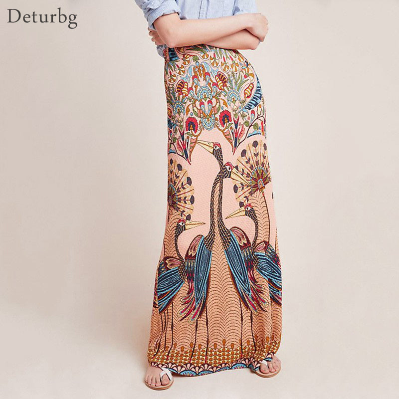 Casual Dresses Womens Fashion Peacock Opening Print Maxi Skirt Female Boho Style High Waist Pencil Skirts Faldas Jupes Autumn SK43