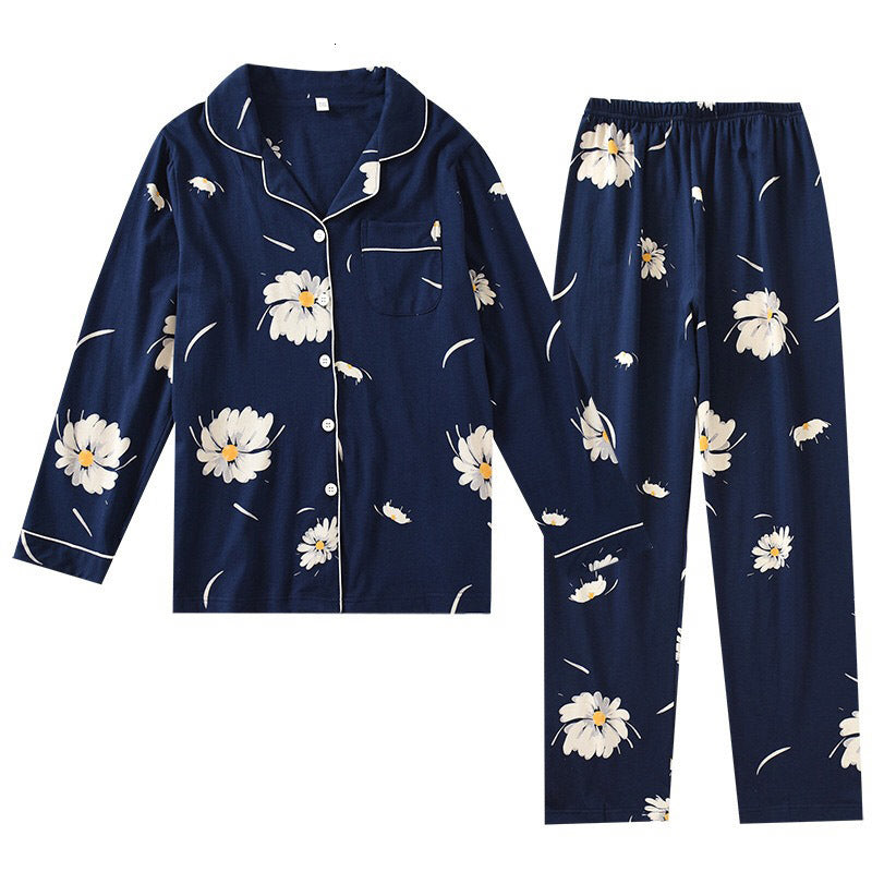 Women&#039;s Sleepwear Spring New Wpmen Full Cotton Turn-down Collar Pajamas Set Floral Printed Simple Style Homewear Sleeve Navy 9G7J
