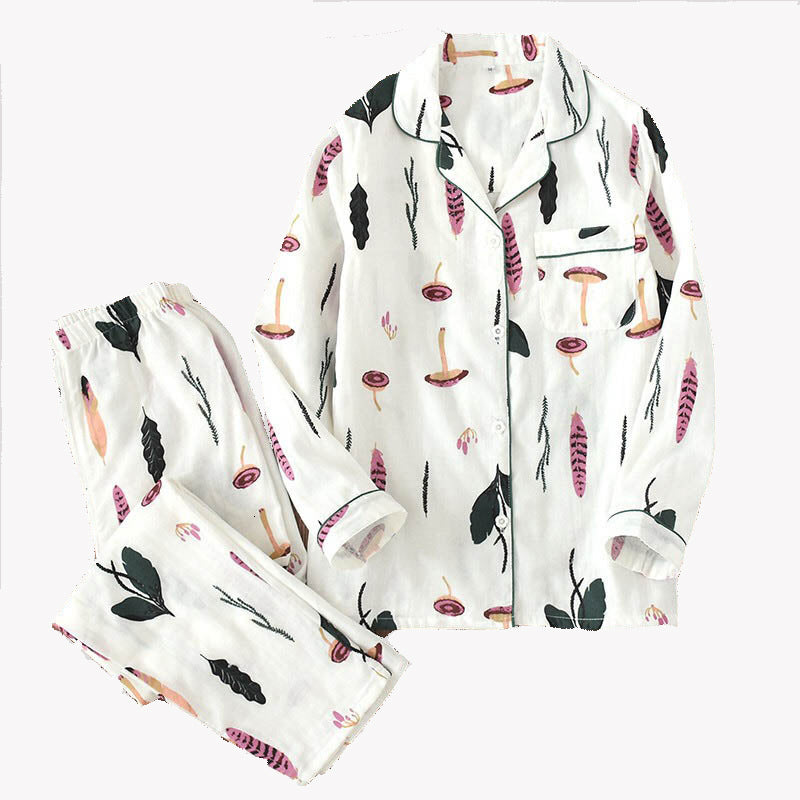 Women&#039;s Sleepwear Mushroom Printed Pajama Ladies 100% Gauze Cotton Simplicity Set Long-sleeve Turn-down Collar Household Clothes Q