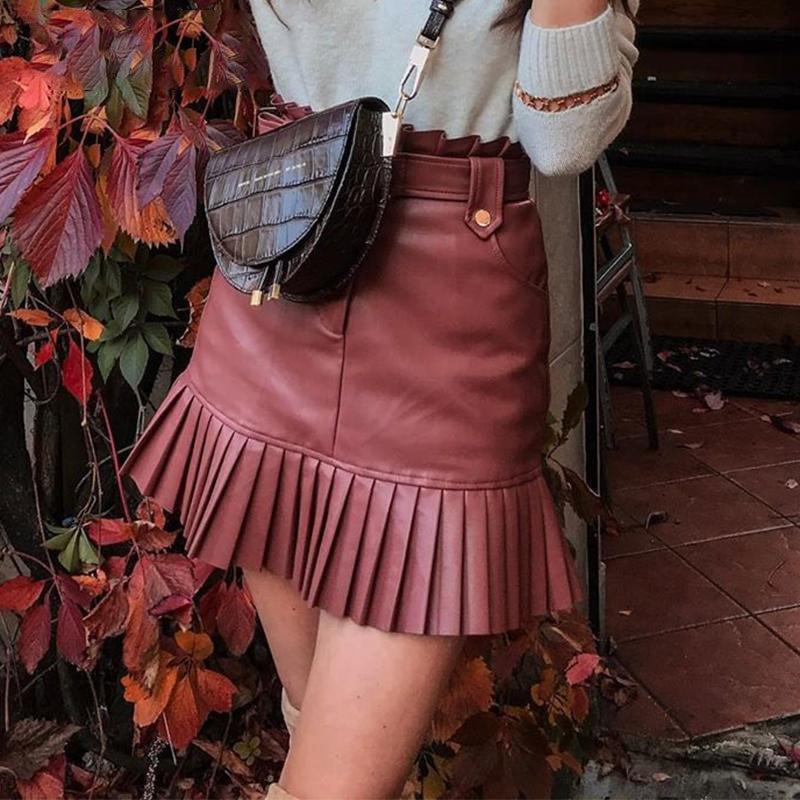 Skirts Women&#039;s PU Leather Pleated Mini Skirt Belt High Waisted A-Line Ruffles Women Short Autumn Winter Ladies Clothes D3CP