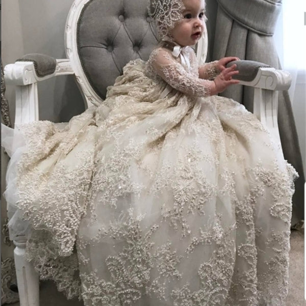 Girl&#039;s Luxury White Ivory Gown Lace Pearls Baby Girls Baptism Dresses Toddler Infant Christening Dress With bonnet Q1116