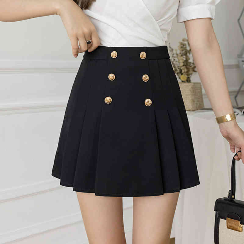 Casual Dresses Summer Double Breasted Mini Skirts Women High Waist Korean Fashion Womens Clothing Black White Pleated Skirt Short