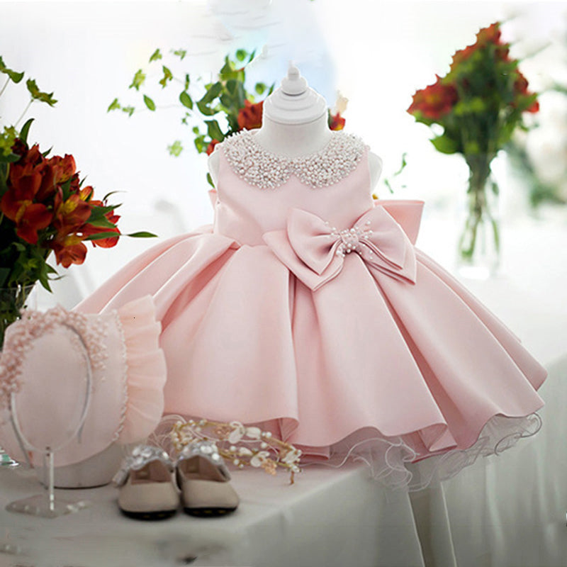 Girl&#039;s Dresses White Wedding Satin Princess Baby Girls Bead Bow Birthday Evening Party Infant Dress for Girl Gala Kid Clothes 2 8 10 Year C0228