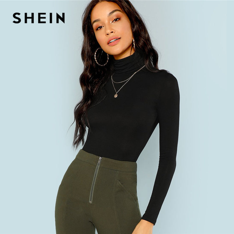 Women&#039;s T-Shirt SHEIN Black Turtleneck Slim Fit Workwear Office Ladies Plain High Neck Long Sleeve Women Autumn Minimalist Tee