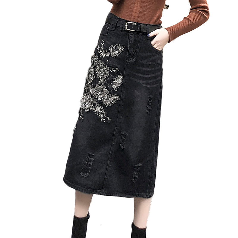 Skirts Women&#039;s denim skirt, embroidered hip flower bag, high waist with hole, black, 5XL, spring