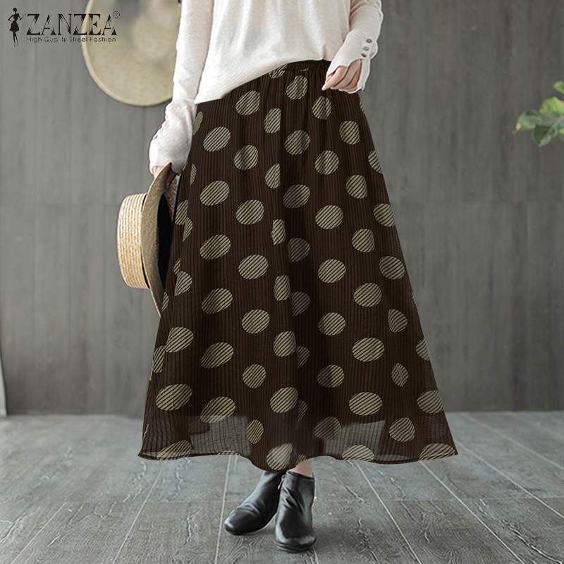 Skirts Women Bohemian Causal 2021 Elastic Waist Maxi Sundress Printed Polka Dot Beach Long Feminino Robe Femme Plus Size DR96