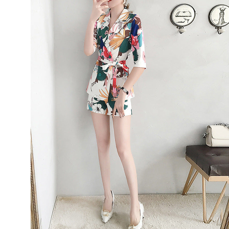 Women&#039;s Two Piece Vintage Floral Print Chic 2 Pieces Work Office Suits Female Blazer+Pants Suit Set Woman Pants Feminino