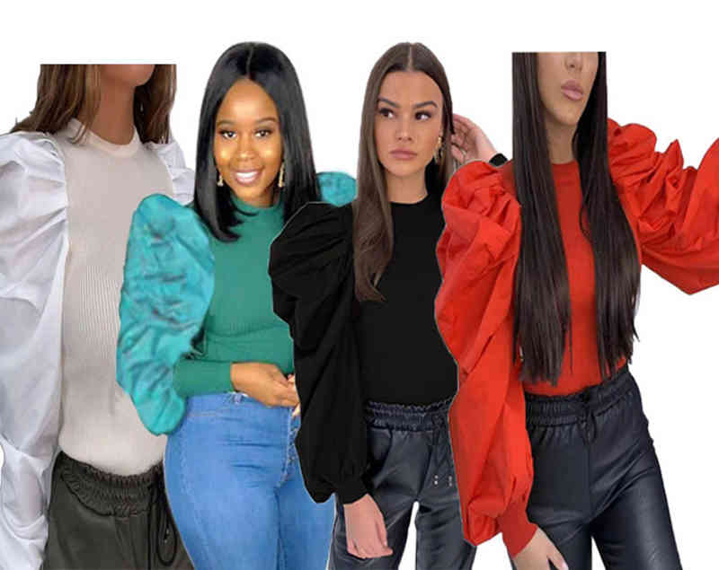 Women&#039;s T-Shirt Europe and America fashion women temperament Bubble Top O-Neck Solid Color Blouse Cotton Long Sleeve Tops