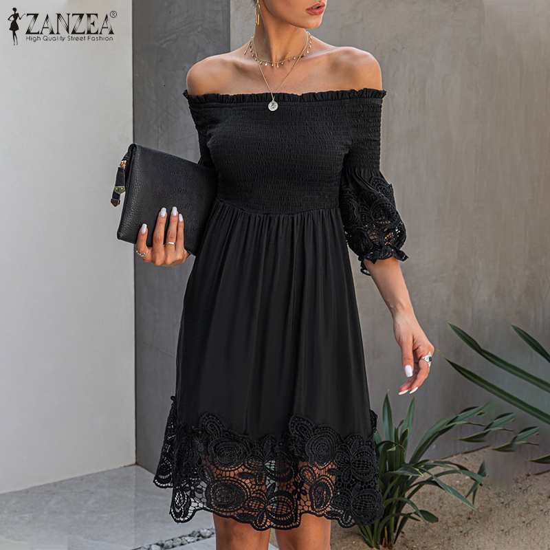 Women&#039;s Blouses & Shirts Off Shoulder Mini Dress Women Lace Smocking Sundress 2021 Summer ZANZEA Elegant Crochet Hollow Vestidos P