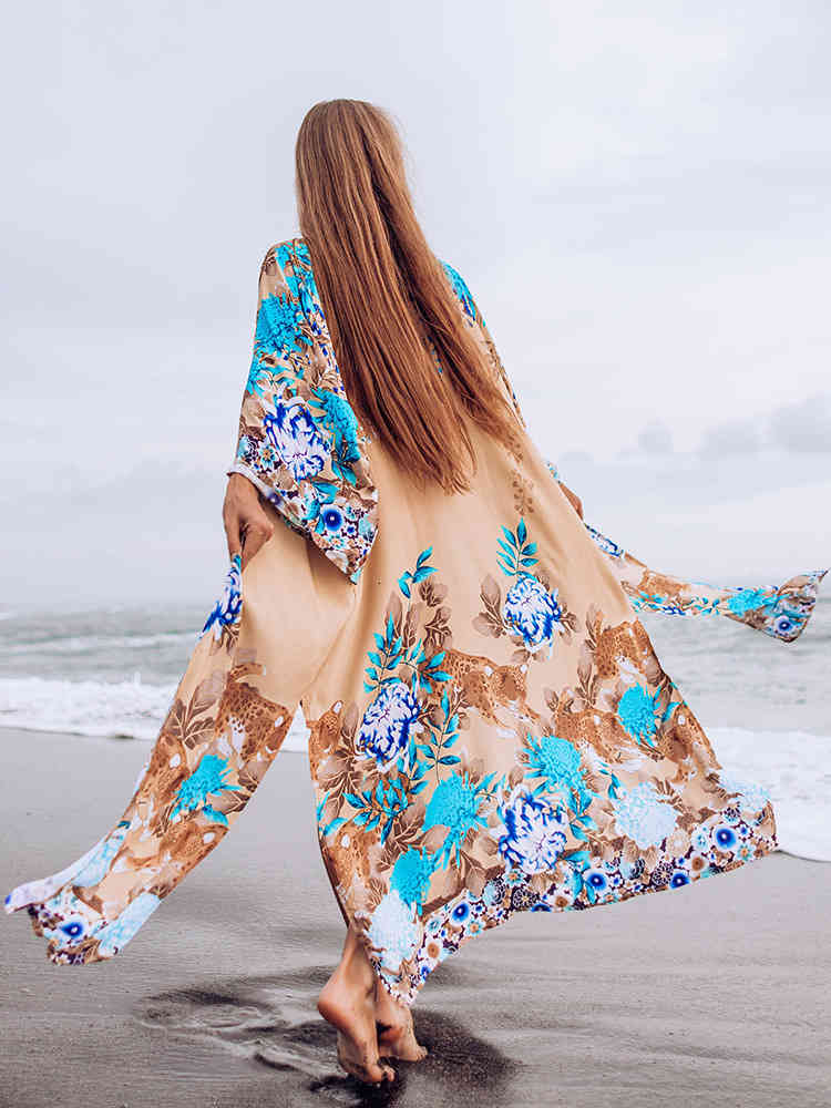 Casual Dresses Bohemian Printed Long Kimono Cardigan Floral Print Cotton Blouses Swimwear Cover-Ups Summer Beachwear Plus Size Women Shirts Top Fema