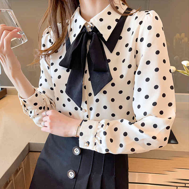 Women&#039;s Blouses & Shirts Spring Womens Polka Dotted Long Sleeved Bowknot Chiffon Female Black- White Dots Temperament Top 3CNV