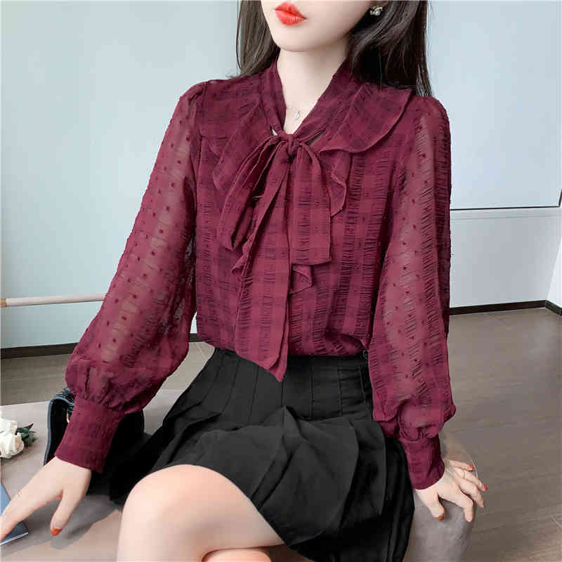 Women&#039;s Tanks & Camis Spring OL Long Sleeved Single-breasted Bow Trendy Dobby Chiffon Blouses Female Burgundy Beige Shirts 48PK