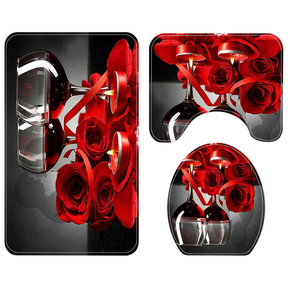 Bath Mat 3 pcs-Set Rose Red Wine Printed Pattern Toilet Cover Foot Pad Non-slip Absorbent Bathroom Door Mat Bath Rug Carpet