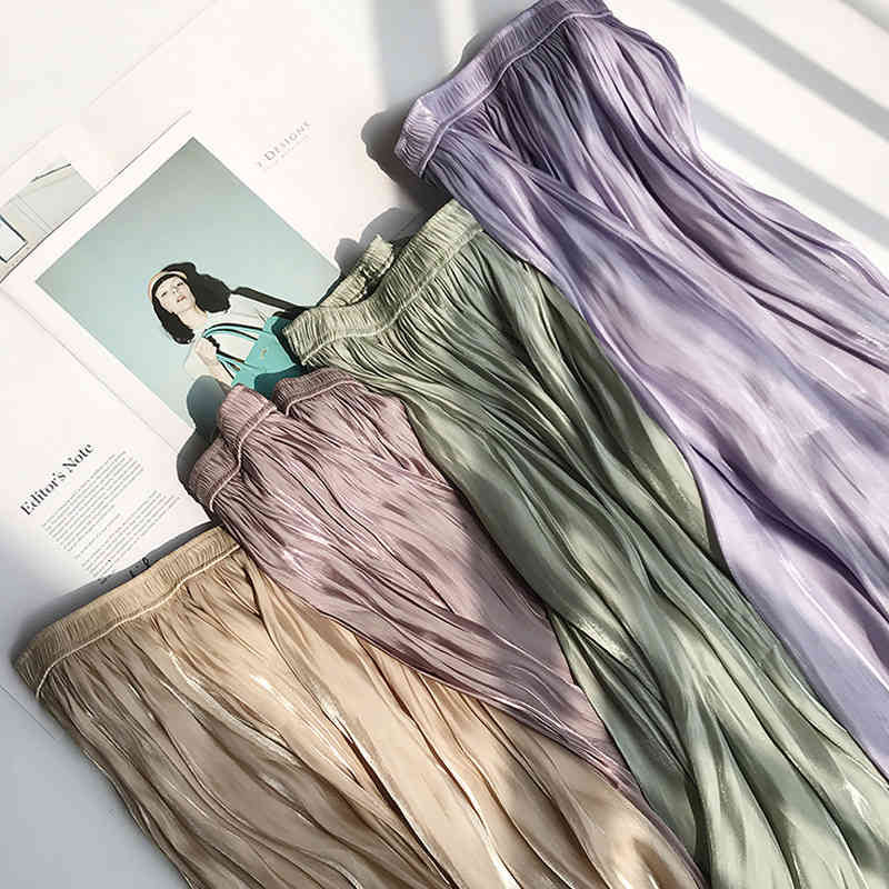 Skirts Super Fashion Summer Metallic Cupro Silk Mid-calf Elastic Waist Soft Draped Pleated Long A-line Pink Mint Green TVNK