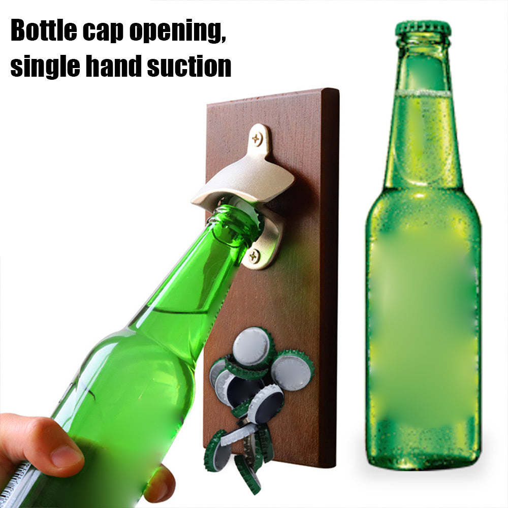 Bottle Opener Wall Mounted-Magnetic Vintage Wooden Wine Beer Opener With Caps Catcher Kitchen Bar Cap Open Tool Party Supplies