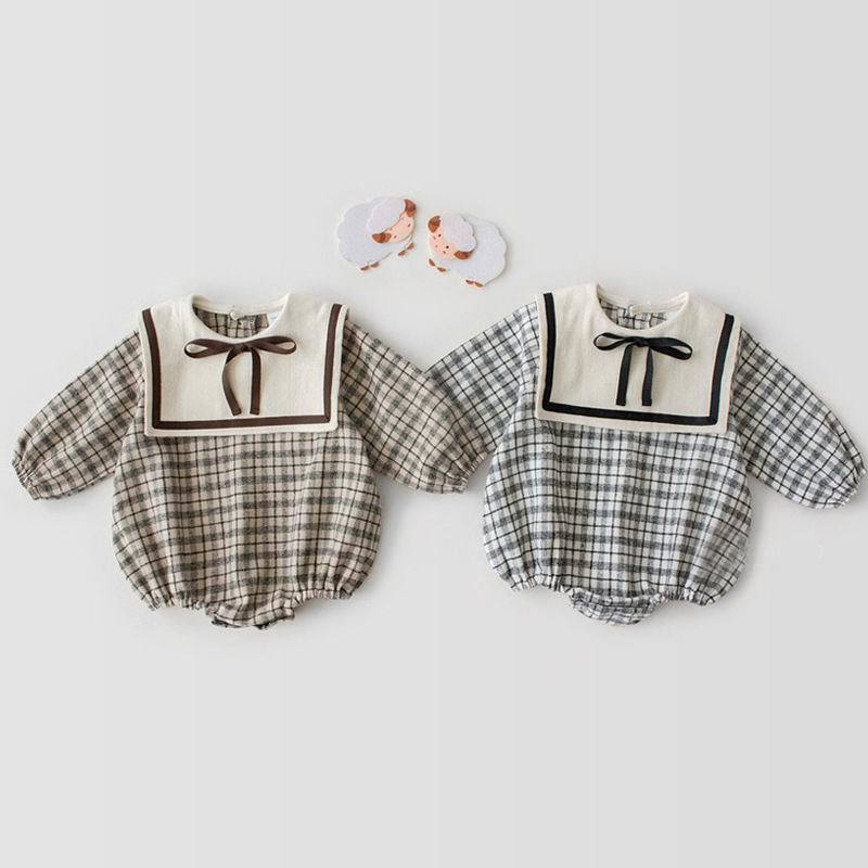 Rompers Wholesale Spring Baby Girl British Plaid Bodysuit Long Sleeve One Piece Sailor Style Romper Infant Kid Clothes E20020 HV9E