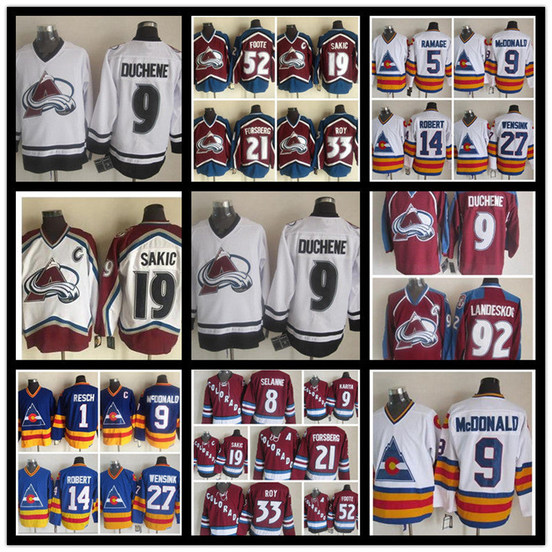 Retro Colorado Avalanche Jersey Peter Forsberg Patrick Roy Joe Sakic Adam Foote Paul Kariya Mens Vintage CCM Stitched Hockey Jerseys classical
