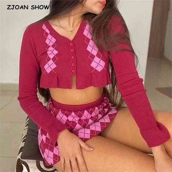 Vintage 90s Wood ears Argyle Plaid Knitting Cardigan Women Crop Sweater Elastic Waist Package Hips Mini Skirt 2 Pieces Set Y2K 210429