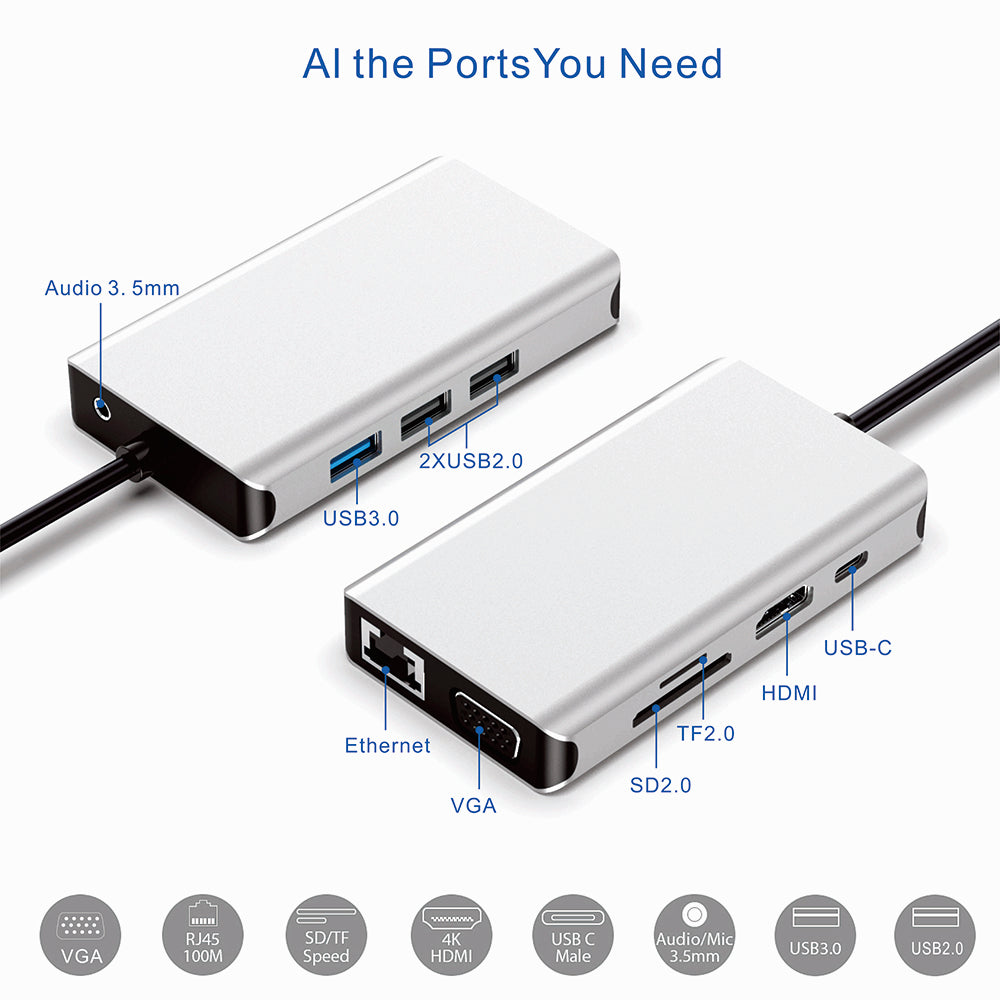 USB C Hub USB-C to RJ45 VGA HDMI Adapter 10 IN 1 Type-c SD-TF 3.5mm Audio Docking Station For Macbook Samsung Huawei