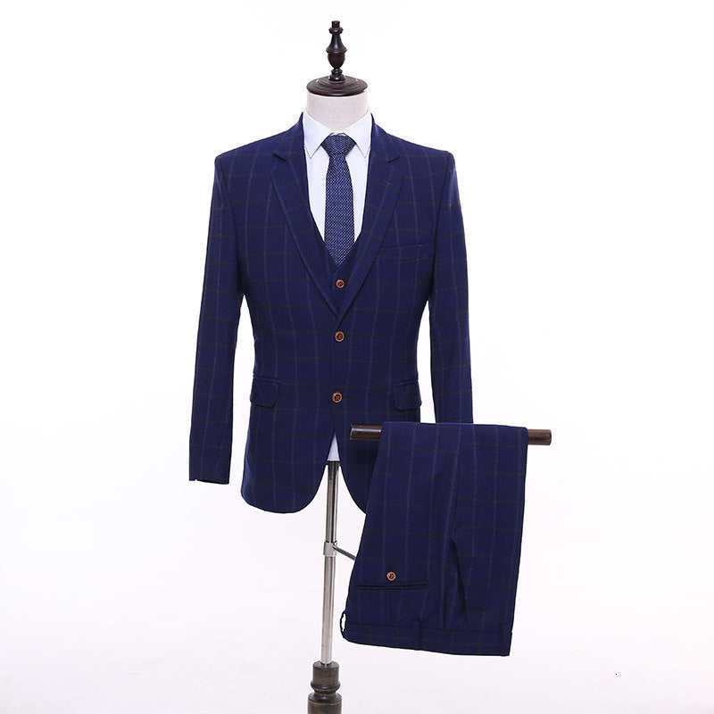 Men&#039;s Suits & Blazers Blue men check fine plaid business office work everyday graduation party groom&#039;s wedding banquet three unique pieces