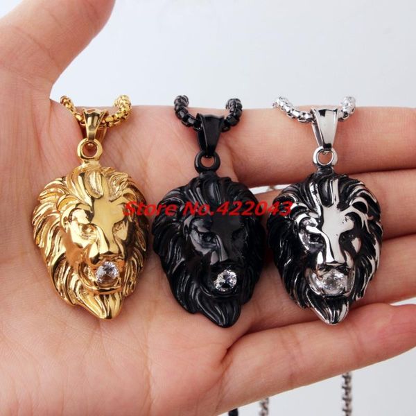 Hip Hop Lion Crystal Head Pendant Necklace For Mens Stainless Steel Male Jewelry Friendship Gift, Silver Gold Black Color Choose Chains