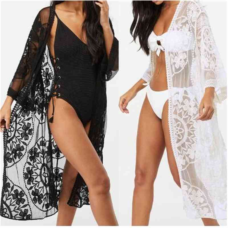Women&#039;s Swimwear Lace Beach Pareo wear Swim suit Cover up Playa Tunics Kimono Women Embroidery Long Blouses Shirts 3OTR