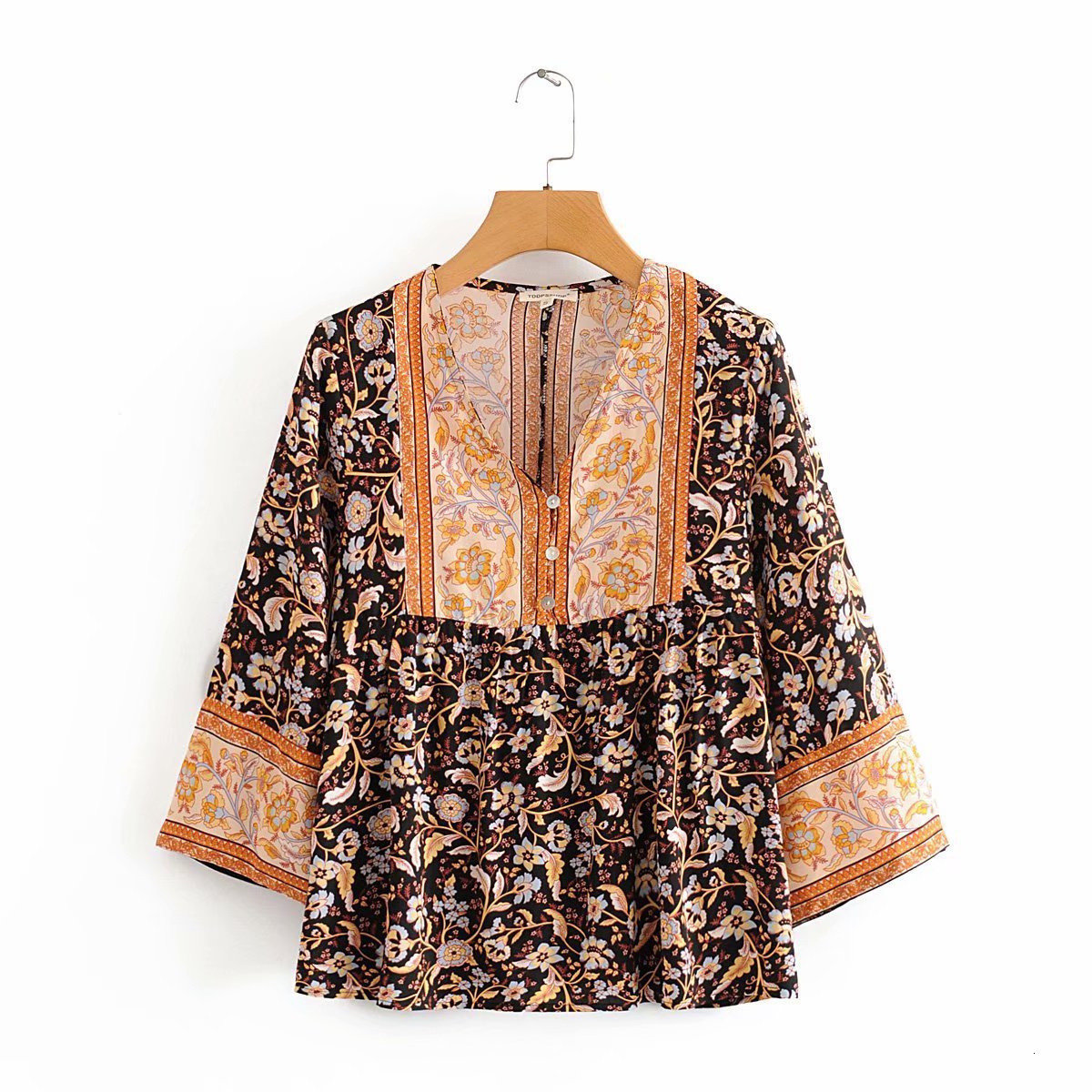 Women&#039;s Blouses & Shirts Women Camellia Floral Print Bohemian Beach 2021 Spring Summer 3-4 Sleeve V-Neck Boho Blouse Holiday Seasi