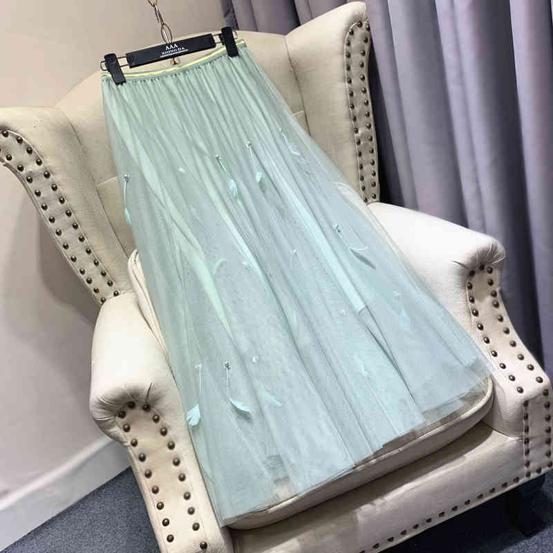 Skirts Spring Feather Beaded Decorated Maxi Long Tulle A-line Pleated Ankle U8X4