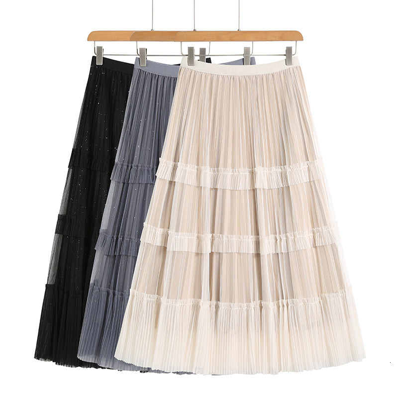 Skirts Autumn Cakee Layered Maxi Long Velvet Metallic Pleuche Patchwork A-line Pleated Ankle Mesh KX65