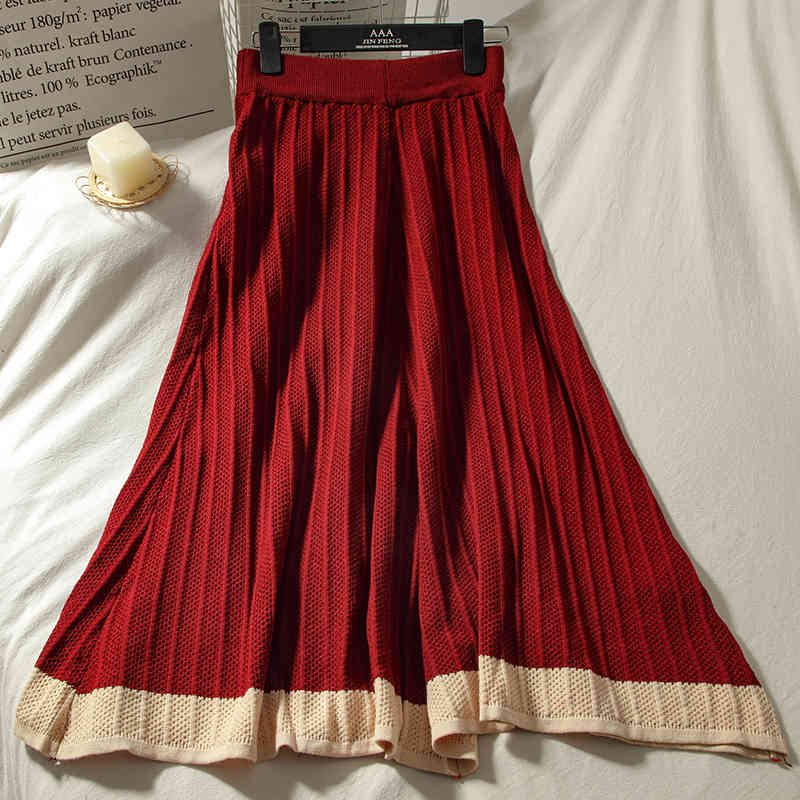 Skirts Korean Style Burgundy Rib Knitted Patchwork A-line Long Calf Knit DOJO