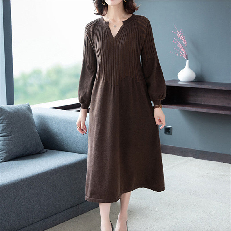 Casual Dresses Lamtrip Unique Feminine Dark Coffee Color Retro French Girl Chic Knitting V-Neck Long Sleeve Basic Mori Winter 1VBB