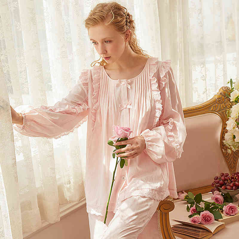 Women&#039;s Sleepwear Pijama Autumn Clothes Pink White Cotton Pejamas Nightwear Ladies Comfort M3DU
