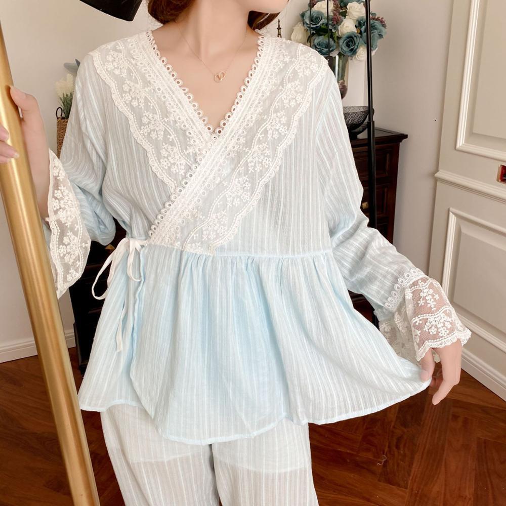 Women&#039;s Sleepwear Cotton Lace Pajamas Girl Lady White Blue Set Ins fashion Women TZA4