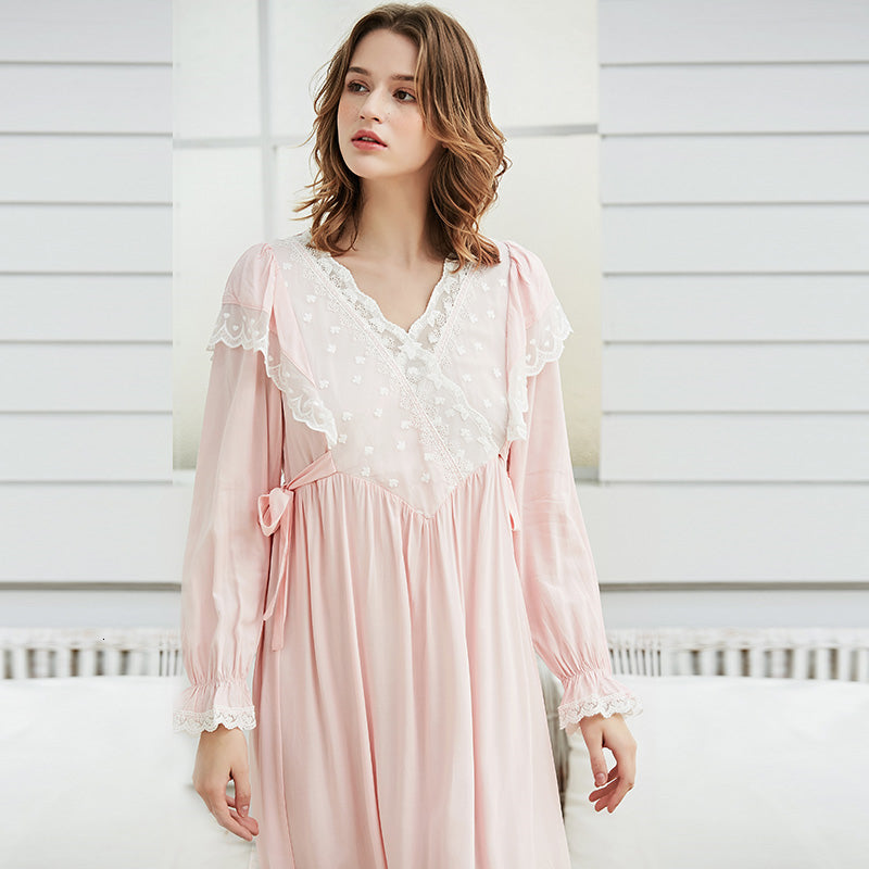 Women&#039;s Sleepwear Gentlewoman Nightgown Vintage Lace Cotton Women Elegant White Long sleeved Night Pink Ladies UWQP