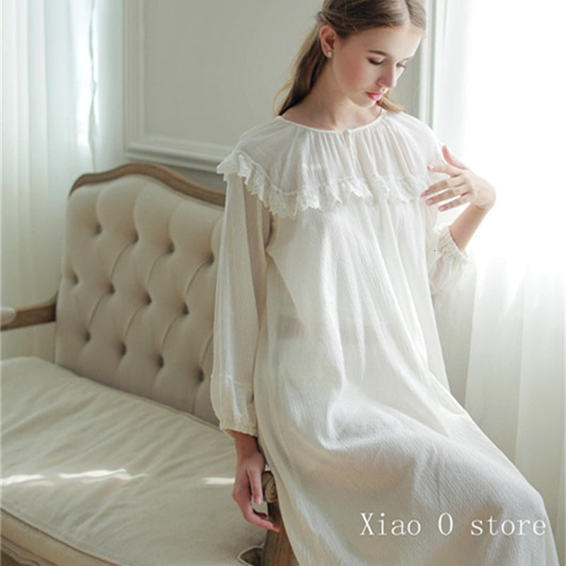 Women&#039;s Sleepwear White Night Women Lace Nightgown Princess Vintage Beown Soft Cotton Vestidos QOK8