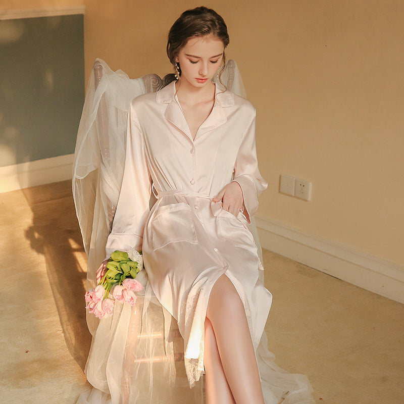 Casual Dresses Classic Robe Women Long sleeve s Soft Sleepwear For Lady Homewear Light Pink With Pocket BIOE