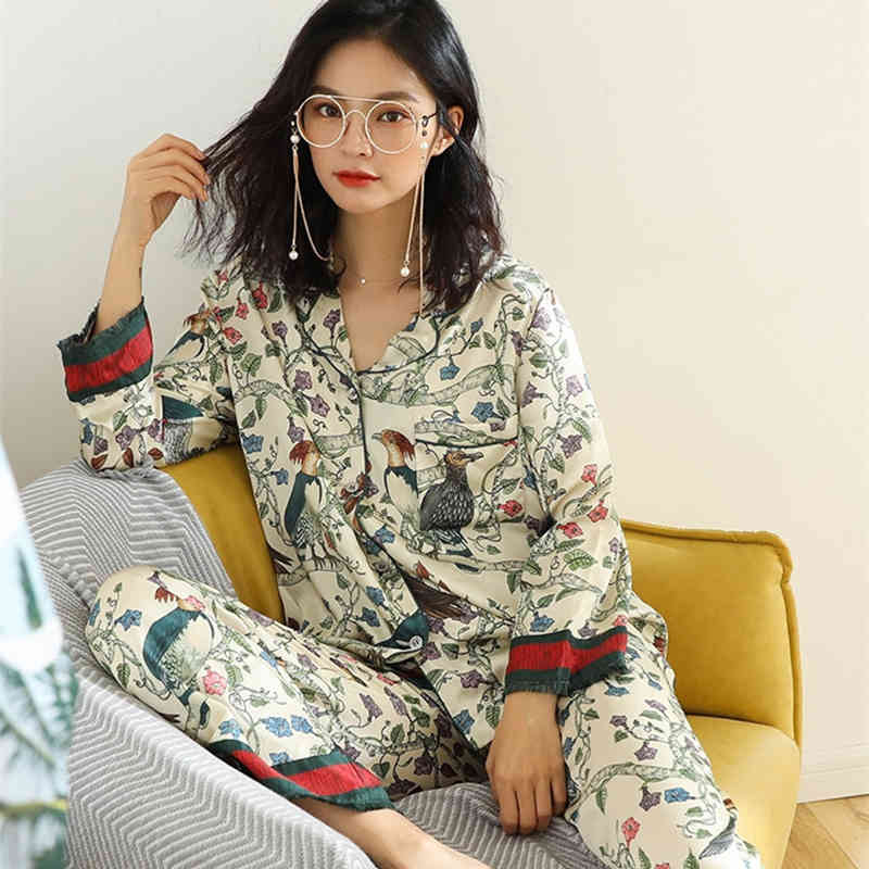Women&#039;s Sleepwear Casual Satin Pajamas Fashion Lady Long-sleeved Suit Flower Bird Pattern Woman can be worn outside Pajama set VH5