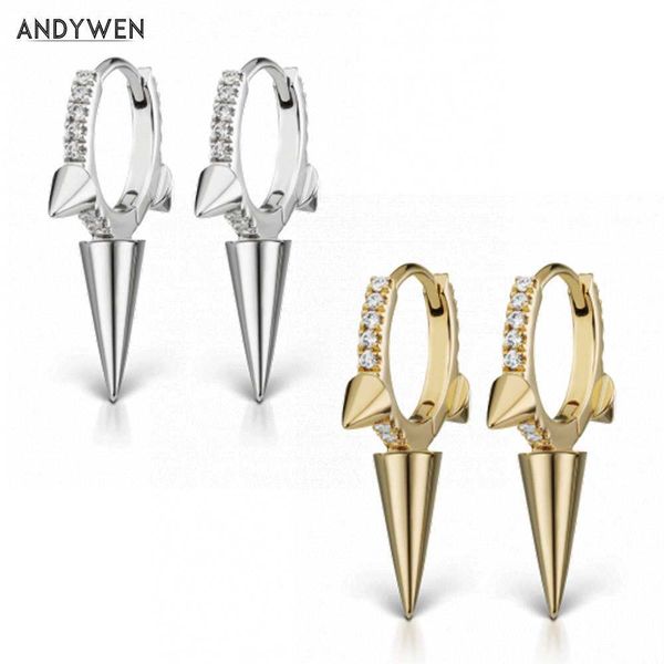 ANDYWEN 925 Sterling Silver 8MM Triple Long Spike Clicker Crystal CZ Zircon Hoops Clis Loops Earring For Women 210608